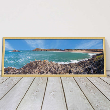 Crantock Beach at low tide. Panoramic framed picture print, Cornwall beach scene