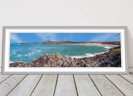 Crantock Beach at low tide. Panoramic framed picture print, Cornwall beach scene