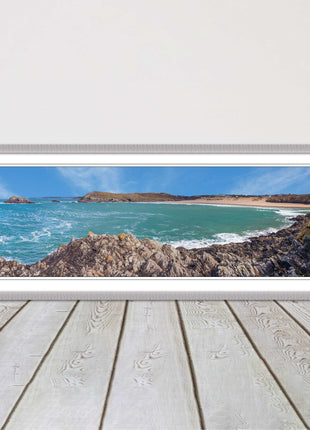 Crantock Beach at low tide. Panoramic framed picture print, Cornwall beach scene