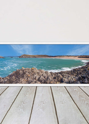 Crantock Beach at low tide. Panoramic framed picture print, Cornwall beach scene