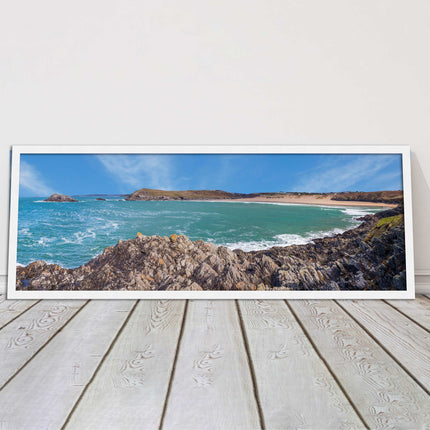 Crantock Beach at low tide. Panoramic framed picture print, Cornwall beach scene