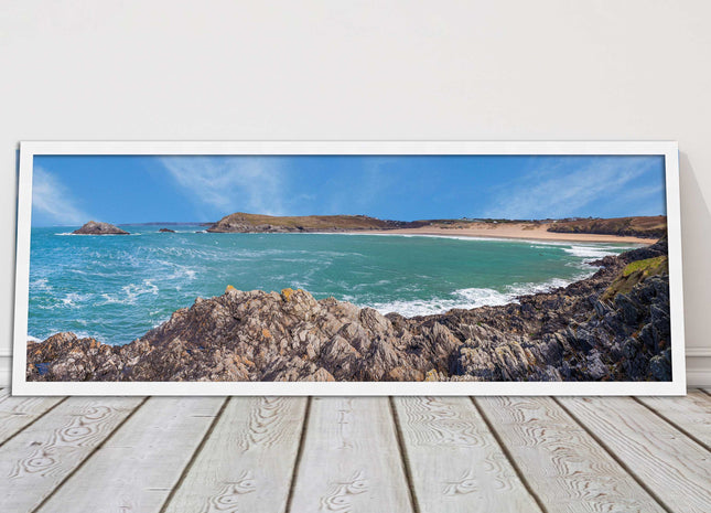 Crantock Beach at low tide. Panoramic framed picture print, Cornwall beach scene