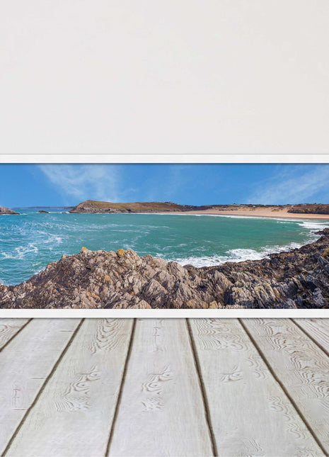 Crantock Beach at low tide. Panoramic framed picture print, Cornwall beach scene