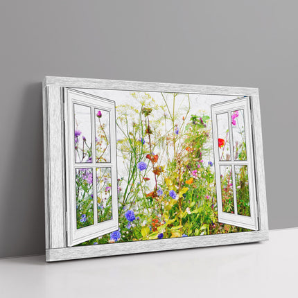 Window frame Canvas Print. Wild Flowers. Wall decor for home or office beach seascape. Ideal gift birthday present.