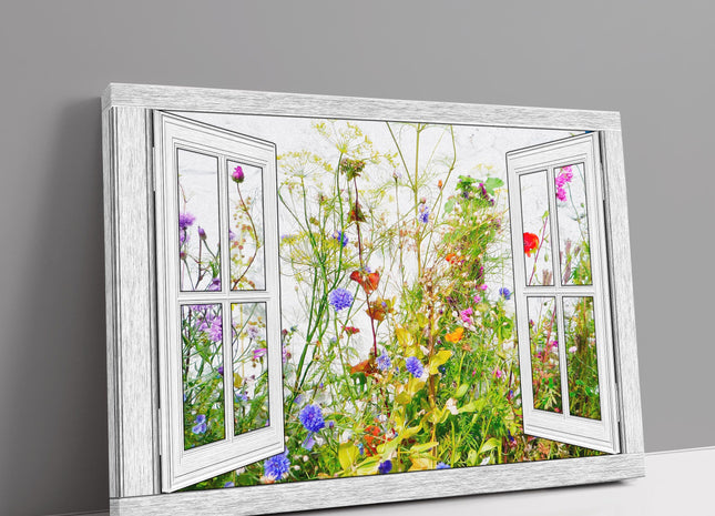 Window frame Canvas Print. Wild Flowers. Wall decor for home or office beach seascape. Ideal gift birthday present.