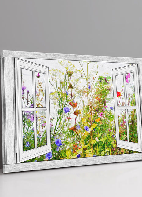 Window frame Canvas Print. Wild Flowers. Wall decor for home or office beach seascape. Ideal gift birthday present.