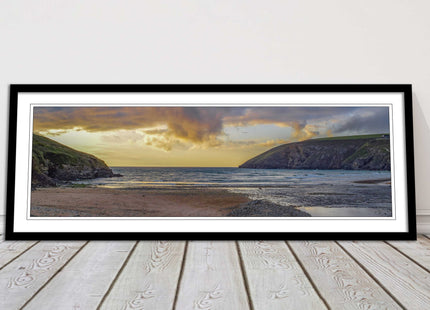 Mawgan Porth at sunset. Panoramic framed picture print. A choice of frames.