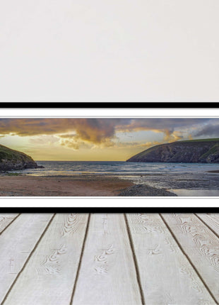 Mawgan Porth at sunset. Panoramic framed picture print. A choice of frames.