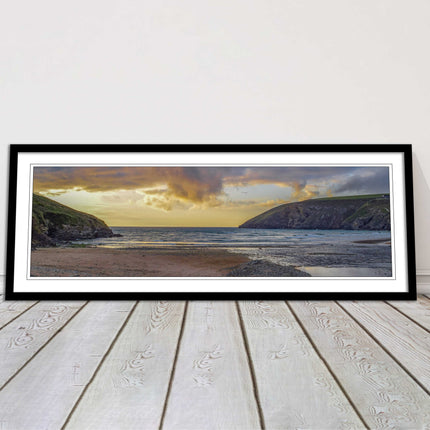 Mawgan Porth at sunset. Panoramic framed picture print. A choice of frames.