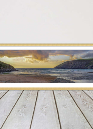 Mawgan Porth at sunset. Panoramic framed picture print. A choice of frames.
