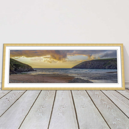 Mawgan Porth at sunset. Panoramic framed picture print. A choice of frames.