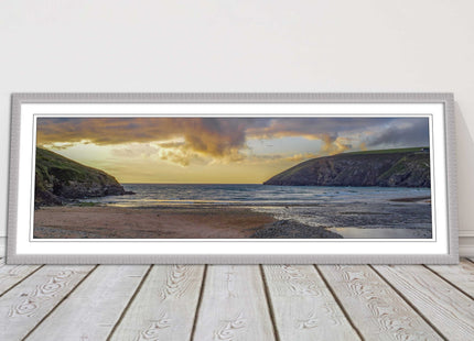 Mawgan Porth at sunset. Panoramic framed picture print. A choice of frames.