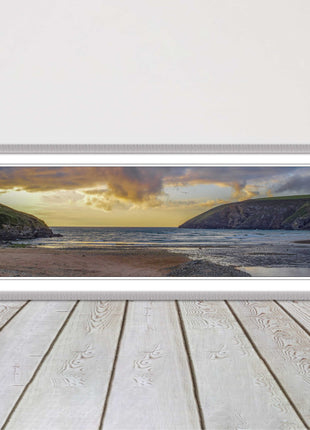 Mawgan Porth at sunset. Panoramic framed picture print. A choice of frames.