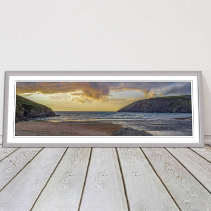 Mawgan Porth at sunset. Panoramic framed picture print. A choice of frames.