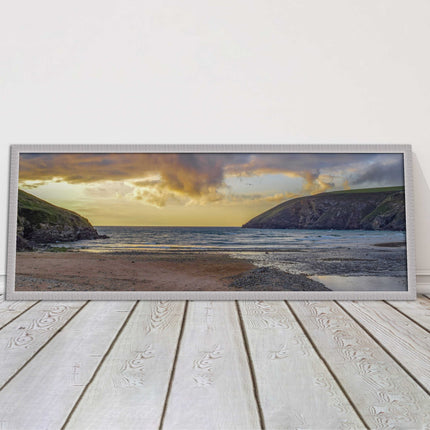 Mawgan Porth at sunset. Panoramic framed picture print. A choice of frames.