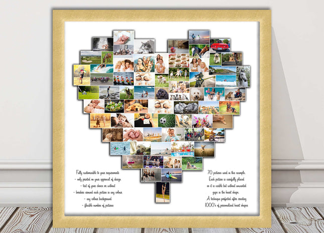 Heart shaped collage customised print photos arranged in heart frame print