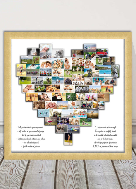 Heart shaped collage customised print photos arranged in heart frame print