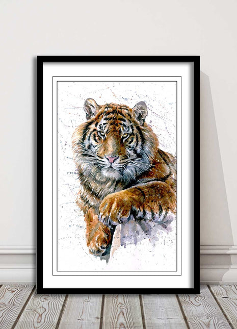 Tiger portrait painting with colour splash framed print choice on colours