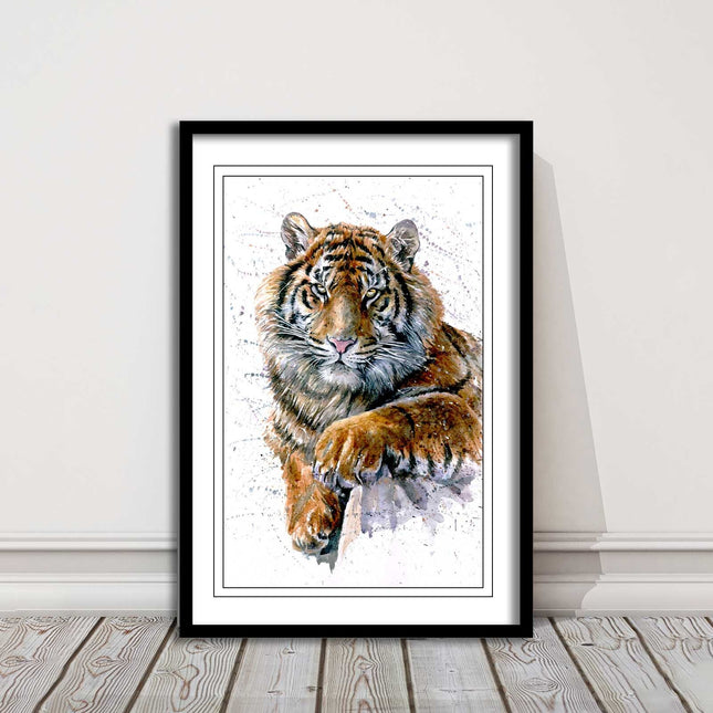 Tiger portrait painting with colour splash framed print choice on colours
