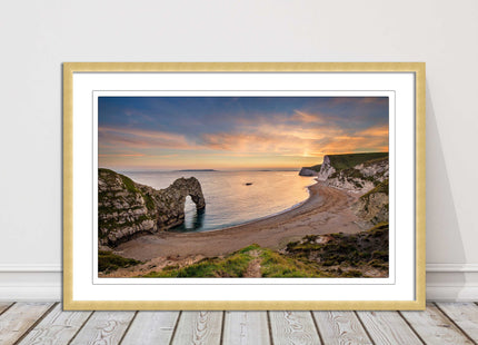 Durdle door at sunset, Dorset. Framed picture with a choice of frame colours.