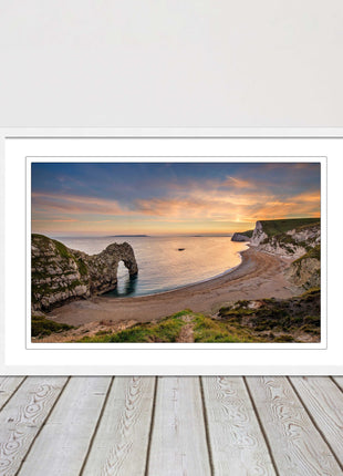 Durdle door at sunset, Dorset. Framed picture with a choice of frame colours.