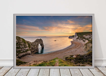 Durdle door at sunset, Dorset. Framed picture with a choice of frame colours.