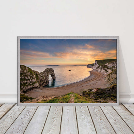 Durdle door at sunset, Dorset. Framed picture with a choice of frame colours.