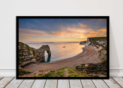 Durdle door at sunset, Dorset. Framed picture with a choice of frame colours.