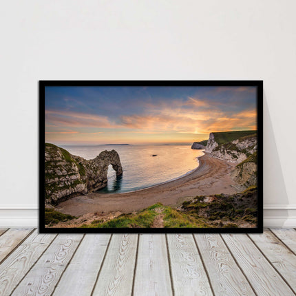 Durdle door at sunset, Dorset. Framed picture with a choice of frame colours.