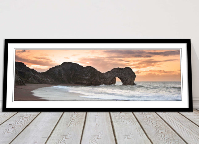 Durdle door on Jurassic coast dorset at sunset. Panoramic framed picture print