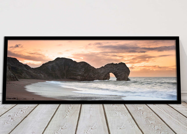 Durdle door on Jurassic coast dorset at sunset. Panoramic framed picture print