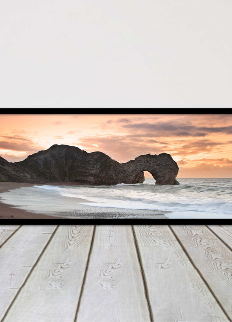 Durdle door on Jurassic coast dorset at sunset. Panoramic framed picture print