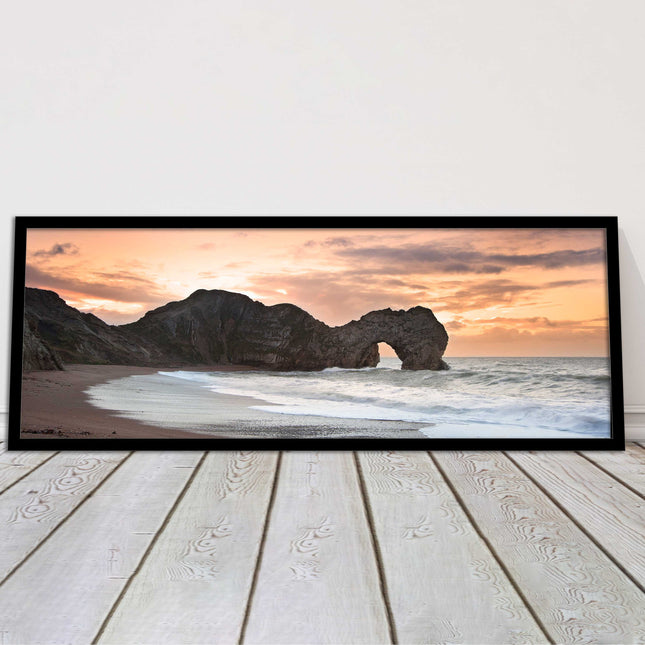 Durdle door on Jurassic coast dorset at sunset. Panoramic framed picture print