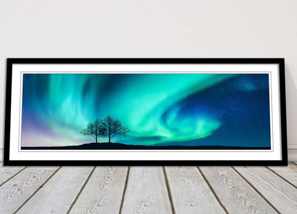 Aurora Borealis, with silhouette of trees. Panoramic framed picture print choice