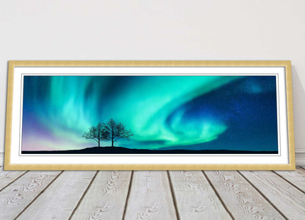 Aurora Borealis, with silhouette of trees. Panoramic framed picture print choice
