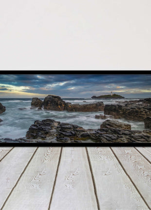 Godrevy Lighthouse under a stormy sky. Cornwall. Framed picture print choice