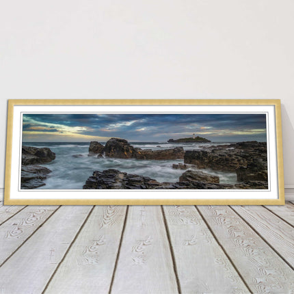 Godrevy Lighthouse under a stormy sky. Cornwall. Framed picture print choice
