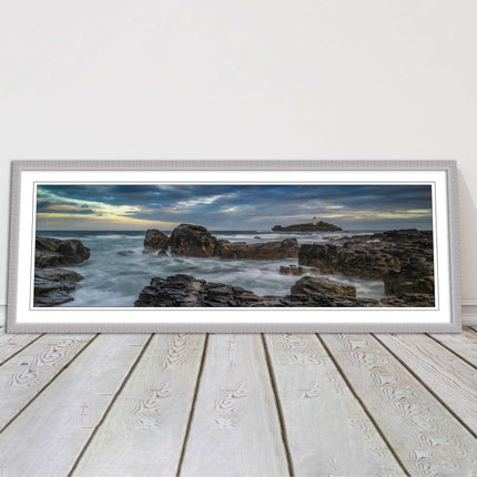 Godrevy Lighthouse under a stormy sky. Cornwall. Framed picture print choice