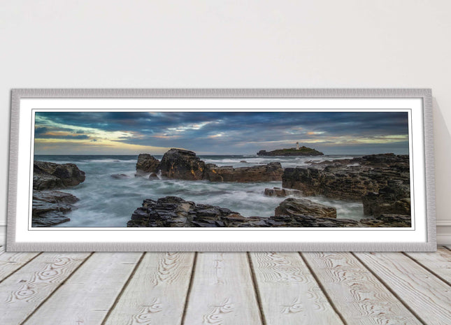 Godrevy Lighthouse under a stormy sky. Cornwall. Framed picture print choice