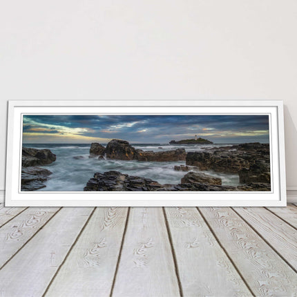 Godrevy Lighthouse under a stormy sky. Cornwall. Framed picture print choice