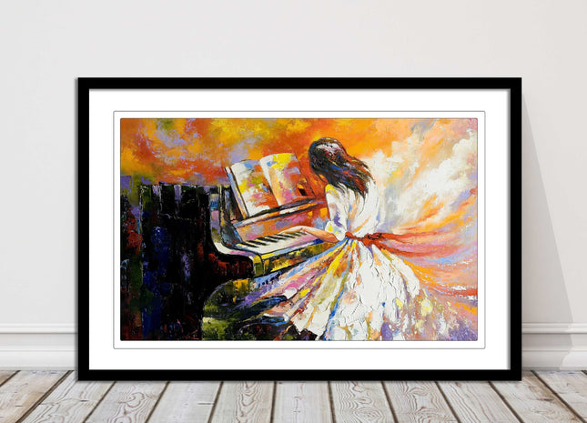 Girl playing the piano. Oil painting printed Framed picture choice of colours