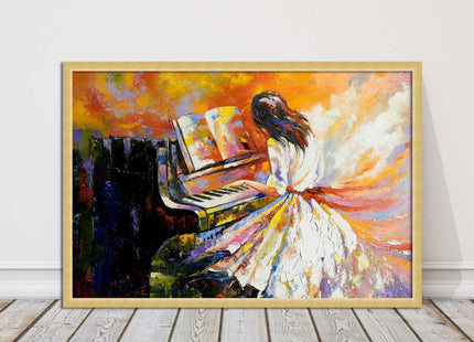 Girl playing the piano. Oil painting printed Framed picture choice of colours