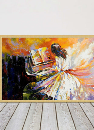 Girl playing the piano. Oil painting printed Framed picture choice of colours