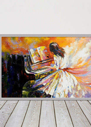 Girl playing the piano. Oil painting printed Framed picture choice of colours