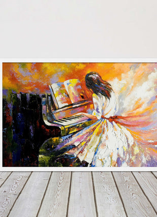 Girl playing the piano. Oil painting printed Framed picture choice of colours