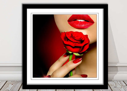 Red lips and rose. Framed picture print. A choice of frames and sizes, square.