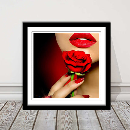 Red lips and rose. Framed picture print. A choice of frames and sizes, square.