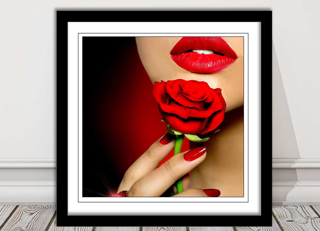 Red lips and rose. Framed picture print. A choice of frames and sizes, square.