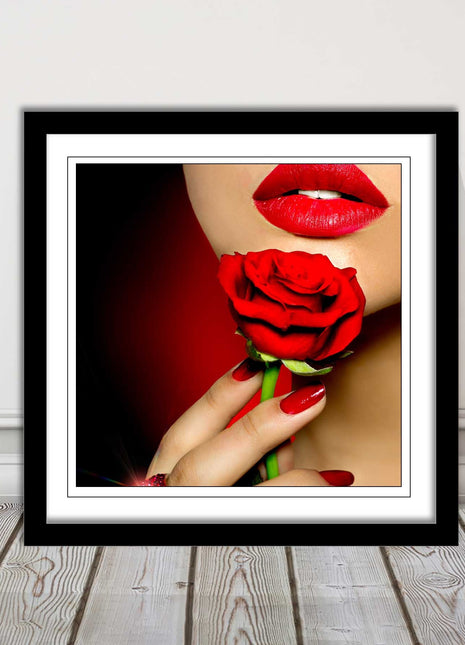 Red lips and rose. Framed picture print. A choice of frames and sizes, square.
