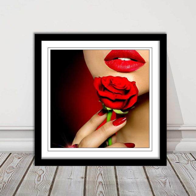 Red lips and rose. Framed picture print. A choice of frames and sizes, square.